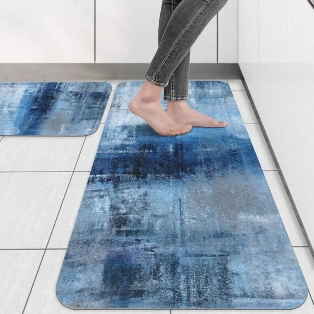 New Blue and Gray Kitchen Mat, Set of 2 Non-Skid Washable Abstract Floor Rugs